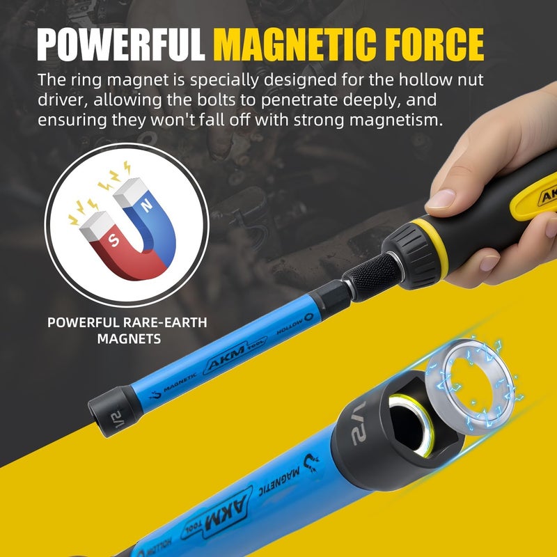 AKM TOOL 6 PCS Hollow Nut Driver Set, Magnetic nut driver set, Hollow Shaft Nut Driver Set, SAE, Color Coded, Hex Sizes, 1/4 to 9/16-Inch, Nut Setter, Hollow Nut Driver with 5-Inch Extended Reach - Image 3